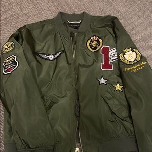 Express Olive Green Bomber Jacket with Patches